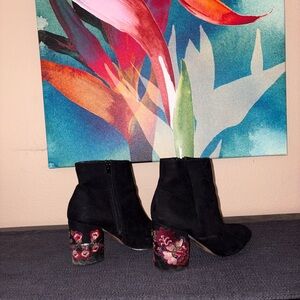 Black Express Ankle Boots with floral heels zippered sides winter cute footwear